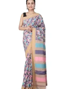 Beige Hand Woven Silk Saree With Blouse