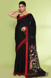 Women's Black Embellished Matka Silk Blend Jamdani Saree